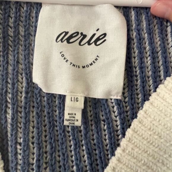 Aerie Striped Knit Collared Sweater Size Large Blue Cream Pullover - Picture 3 of 8